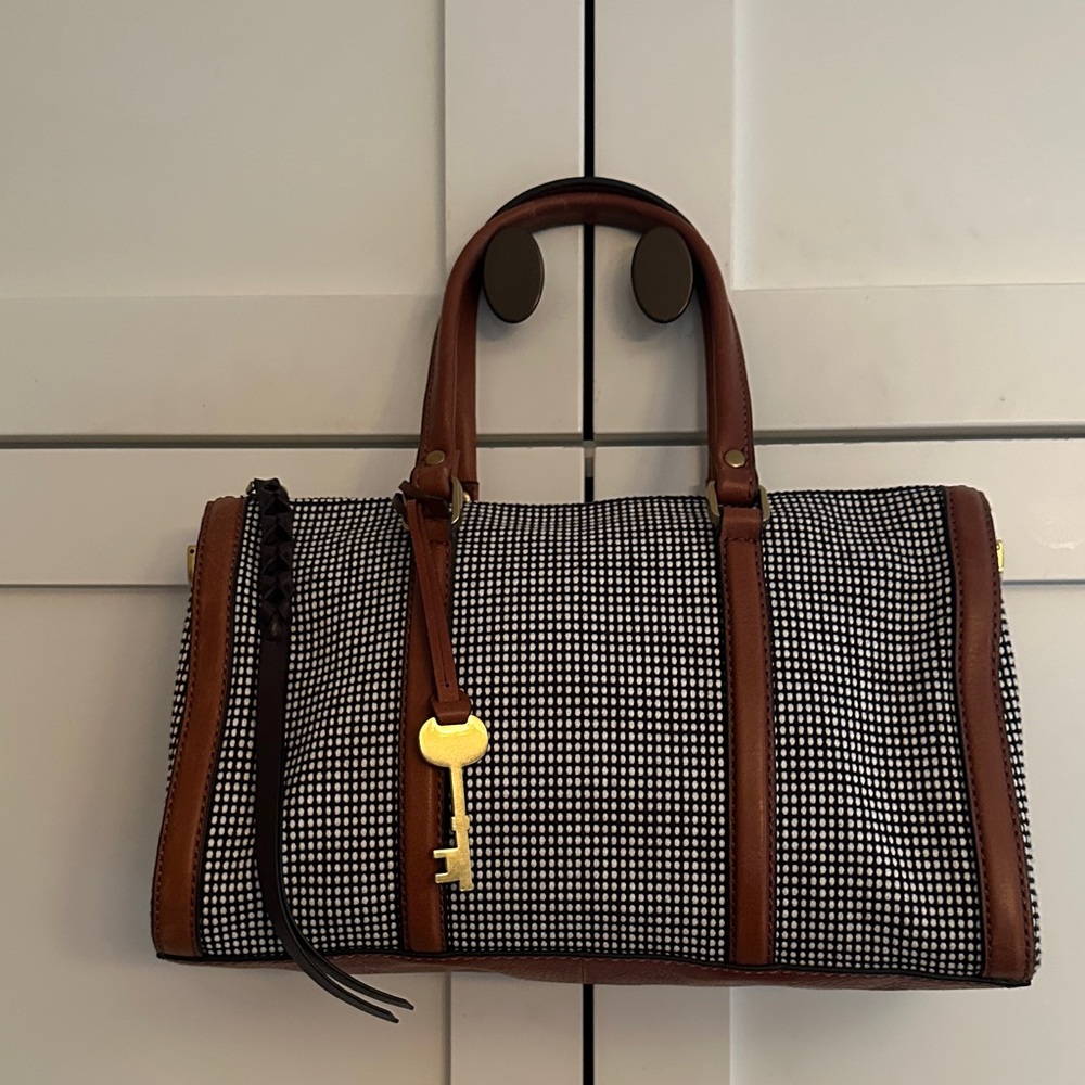 FOSSIL LEATHER AND TEXTURED FABRIC SATCHEL